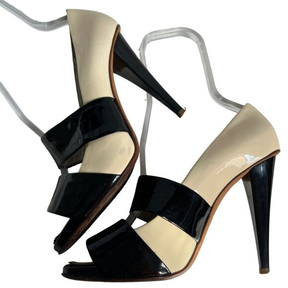 Giuseppe Zanotti high heel sandals patent leather black cream white peep toe - Picture 6 of 16